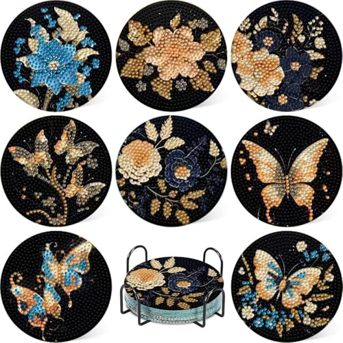 8 Stück Diamond Painting Untersetzer with Holder, Diamond Painting Untersetzer, Mosaik Basteln für Erwachsene 5D DIY Untersetzer Diamant Painting Bilder Klein für Anfänger, Erwachsene & Kinder 10x10cm