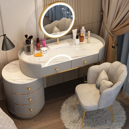 AnYaBinni Tavolo da Toilette con Specchio e Luci, 3 Impostazioni di Colore e Luminosità, Postazione Trucco con Cassetti in Legno Massello e Sedia in Velluto per Donne e Ragazze, 80/100 * 40 * 78 CM