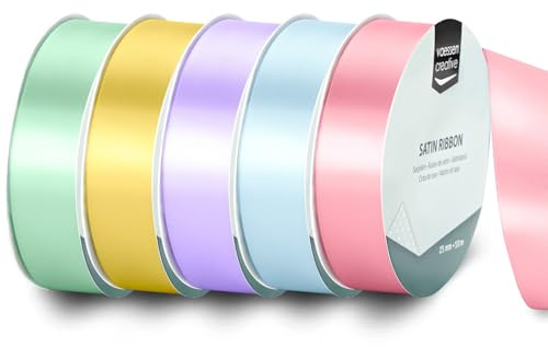 Vaessen Creative Nastro di Raso 5 pz - Pastello Rosa, Giallo, Verde, Blu & Viola - Nastro Colorati 10 m x 25 mm per il Fai-da-te - Decorazioni Matrimonio - per Regali e Segnalibri