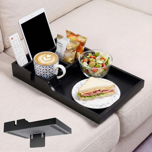 Couch Insert Tray,Bamboo Couch Tray Between Couch Cushions with 4 Compartments2 Cups Holder,Fit Armless Couch/Sectional, 2-in-1 Fold-Flat Tray,for Snacks, Drinks, Remotes,15.35x9.84-inch (Black)