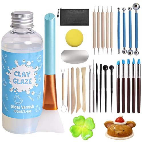 RICKMASK Glasyr för lera lufttorkning, 100 ml Air Dry Clay Glaze med 28 st. modelleringsverktygsset, Clay Varnish för hög glans, reptålig, potta modelleringsverktyg för skulptering, modellering