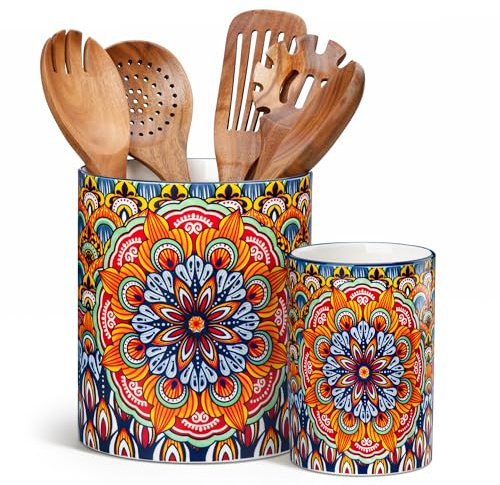 vancasso 2-tlg Küchenutensilienhalter, 18,6 cm + 14 cm Keramik Utensilienhalter im Boho-Stil, Behälter für Küchenutensilien, Kitchen Utensil Holder für Spatel & Löffel, Königliche Blüte