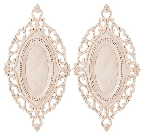 PYRUVAE 2 Piezas Molduras de Madera Tallada para Muebles, Apliques Decorativos de Madera 22x15cm, Adornos para Puertas, Armarios y Espejos, Estilo Vintage Sin Pintar
