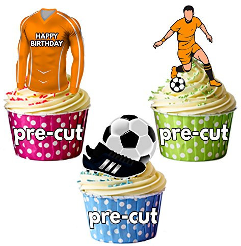 AK Giftshop PRECUT Happy Birthday Football Party Pack - Edible Cupcake Toppers/Cake Decorations Orange Shirt Top (Pack of 12)