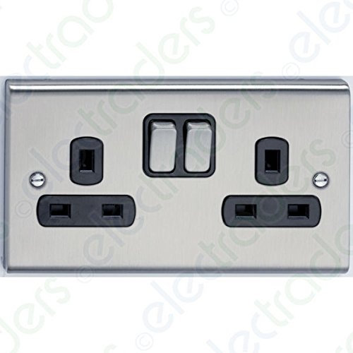 Deta SD1209SSB Switched Socket Outlet 13 Amp - 2 Gang (Stainless Steel/Black Inserts)
