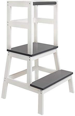 BOMI® Swubi Montessori Lernturm ab 1 Jahr | Sicherer Tritthocker Kinder 2 Stufen | Learning Tower für Kind & Baby aus Holz | Schemel, Lernstuhl als Stehhilfe, Tritthocker Holz, Kinderhocker Weiß Grau