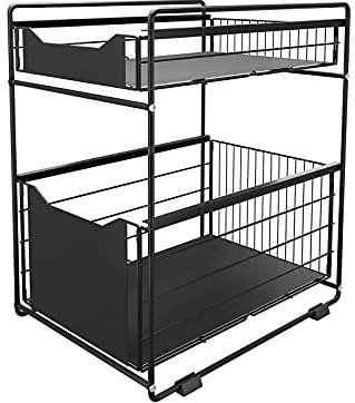DAWNYIELD Organizzatore a 2 Ripiani con Cassetto Portaoggetti Sotto il Lavandino Scorrevole Cestino Estraibile Portaspezie Organizer per Snack per Cucina Bagno Camera da Letto-Nero