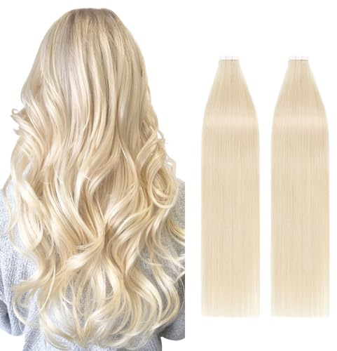 Silk-co Tape In Extensions Echthaar Blonde 40stk, Haarverlängerung echte Haare Tape Extensions, Remy Tape Kleber Extensions Skin Weft, 100g 60# Platinblond 45cm