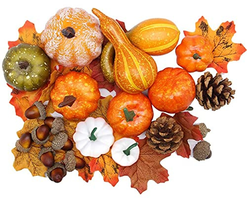 FENRIR Autumn Decorations,Halloween Decorations,Pumpkins Decorations,86pcs Artificial Maple Leaves,Harvest Pumpkin,Acorns, Pine Cones and Gourds Set,DIY Decor for Garland,Thanksgiving Party