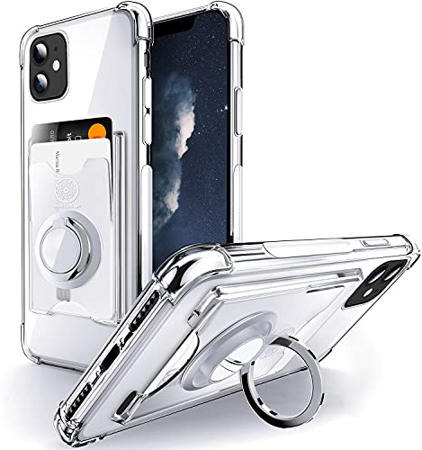 SHIELDS UP for iPhone 11 Case with Card Holder & Ring Kickstand. | Wallet Minimalist Case,Transparent Slim Shockproof TPU Bumper Cover for iPhone 11 6.1''- Clear