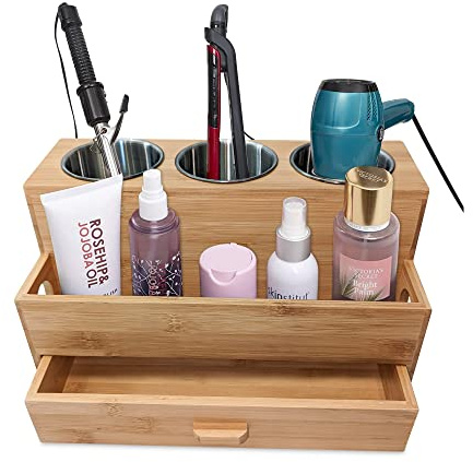 Harzen Brothers Hair Tool Organizer- Bamboo, Blow Dryer Holder, Bathroom Countertop, Vanity Caddy Storage Stand for Accessories, Makeup, Toiletries