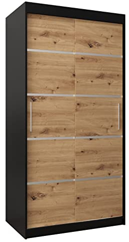MEBLE KRYSPOL Schwebetürenschrank Verona 1 100 cm Kleiderschrank mit Kleiderstange und Einlegeboden Schlafzimmer- Wohnzimmerschrank Schiebetüren Modern Design (Schubladen: 0, Schwarz + Artisan Eiche)