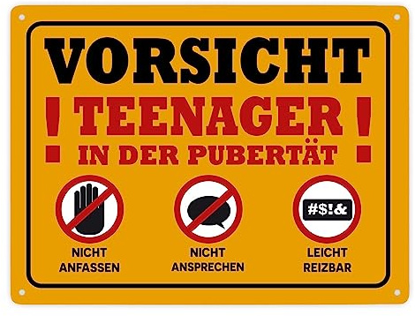 Vorsicht Teenager in der Pubertät Metallschild XXL in 28x38 cm mit Warnhinweisen für Jugendliche zum Geburtstag die gerne ihre Ruhe haben und genervt sind