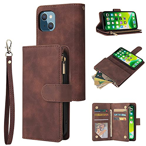 UEEBAI Wallet Case for iPhone 14 Case 6.1, Premium Vintage PU Leather Magnetic Handbag Zipper Pocket Case Kickstand Card Slots with Wrist Strap TPU Shockproof Flip Cover - Cafe