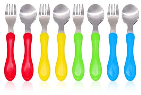 Bloomsworld 8 Besteckset für Kleinkinder, Kinderlöffel und -gabeln, Edelstahl Kinderbesteck, 4 Gabeln und 4 Löffel, selbstfütterndes Kinderbesteck für Jungen und Mädchen - Leuchtend
