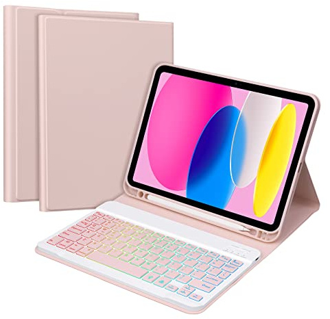 Keyboard Case for iPad 11th Gen A16 11inch&10th Gen 10.9inch GOKOCO A16 Tablet Cover Magnetically Detachable Macaron Color Bluetooth Keyboard With 7 Colors Backlight Give Full Protection withiPad-Pink