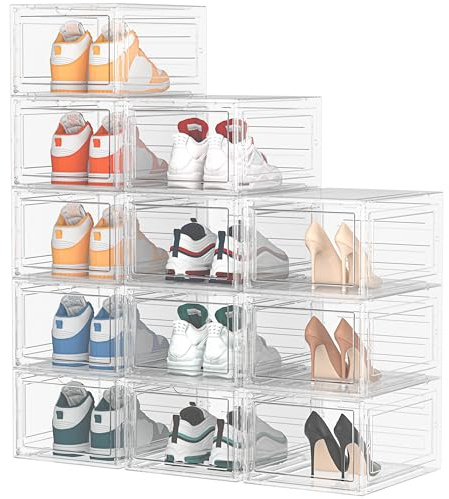 HOMIDEC Schuhboxen Stapelbar Transparent, 12 Stück Hartplastik Schuhkarton | Schuhaufbewahrung mit Deckel für Stöckelschuhe, Stiefeletten, Pumps, High Tops, für Größe 46, Transparent