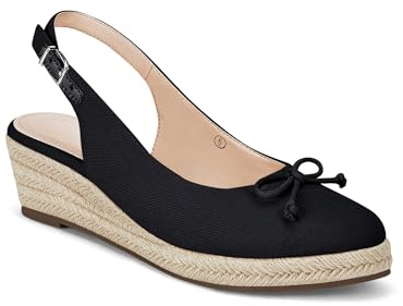 Coutgo Womens Closed Toe Espadrilles Wedges Shoes Platform Slingback Mid Low Heel Canvas Bow Dress Sandals, Black, Size 7.5