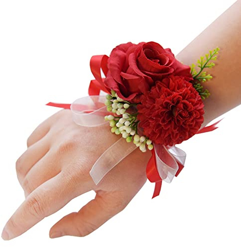 SHTGOI Rose Blumenarmband Braut Brautjungfer Hand Blume Schleifenband Handgelenkblume Handgefertigte Seidenblume Armband Zubehör für Hochzeit Bankette Brautjubiläum Abschlussball Rot