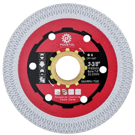 FOCSTOL Disco Diamantato per Piastrelle - 85mm Lama Diamantata con X bordo in Rete per Porcellanato Ceramica Marmo Granito Quarzo Foro 22,23mm x 15,875mm