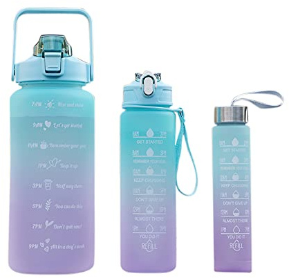 OKESYO Trinkflasche 2L, 3 Set, XL Wasserflasche mit Zeitmarkierungen und Strohhalm Sportflasche Auslaufsicher BPA-Frei für Gym, Fitnessstudio, Workout, Sport, Outdoor 2000ml + 800ml + 500ml