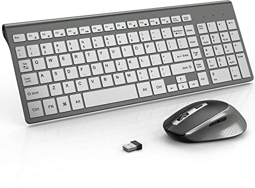 J JOYACCESS - Teclado y mouse inalámbricos, combo de teclado y mouse inalámbricos delgados y ergonómicos, portátil y cómodo para computadora portátil/computadora/escritorio/PC-gris/plateado