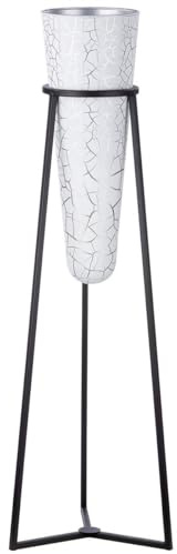 GILDE Vase XL mit Metallständer - weiße Glasvase mit silberfarbener Krakelierung - schwarzer Metallständer - Gesamt Höhe 82 cm