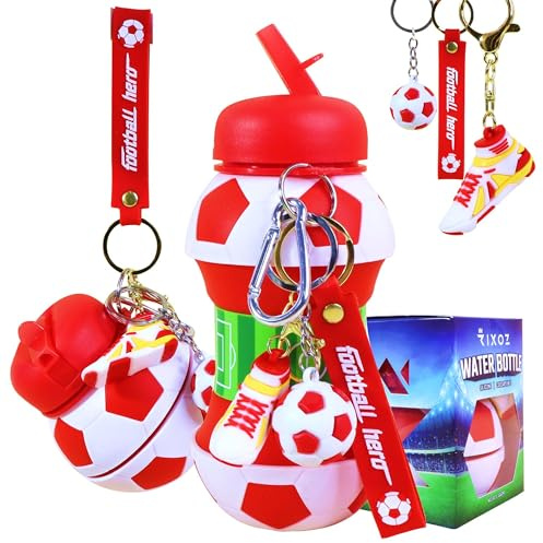 RIXOZ Borraccia pieghevole da 550 ml in silicone con pallone da calcio, portachiavi e tracolla per il trasporto, colore: rosso e bianco