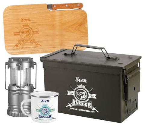 Herz & Heim® Ultimatives Geschenk-Set für Angler mit Tasse und Messebrett in Munitionskiste