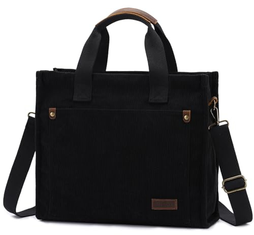 VASCHY Tote Bag, Bolso Mujer Bolso Bandolera Pana Bolso Shopper Casual Bolsos Universidad con Cremallera Bolso Trabajo Bolso de Hombro Bolso Portátil para Escuela Compras Viaje, Negro