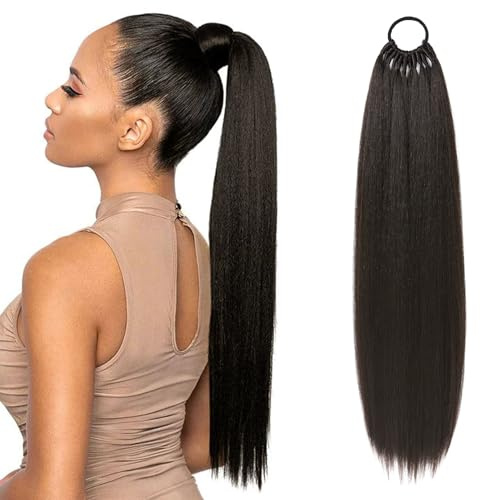 Flufymooz 28 Inch Ponytail Extension, Elastic Band Ponytail Extension for Women, Long Straight Synthetic Ponytail Daily Hair Black Brown