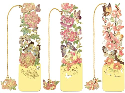 Sgbvzbd 3 PCS Metal Bookmarks - Pretty & Beautiful Flower Bookmarks for Women - Peach Blossom, Cottonrose Hibiscus, Peony