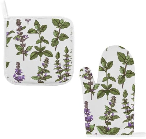 Oven Mitts and Pot Holders Sets of 2 Heat Resistant Oven Mittens Non Slip Kitchen Oven Gloves Green Sage Painting Oven Mitts Set Hot Pads Washable Potholders for Cooking Baking Grilling BBQ