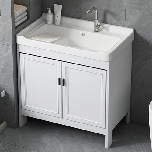 HARELA Lavatoio con Mobile, Mobile da Bagno Bianco, Mobiletto per bagno con lavandino in ceramica, con Rubinetto per Tubo Dell'Acqua Calda e Fredda, per Bagno, WC, Lavanderia(80cm/31.5in)