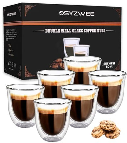 DSYZWEE Double Wall Borosilicate Glass Espresso Cups, Espresso Cup Set (6 x 80ml), Tea Glass Caffee Cups, Handcrafted Artisan - Strong, Vacuum Insulated