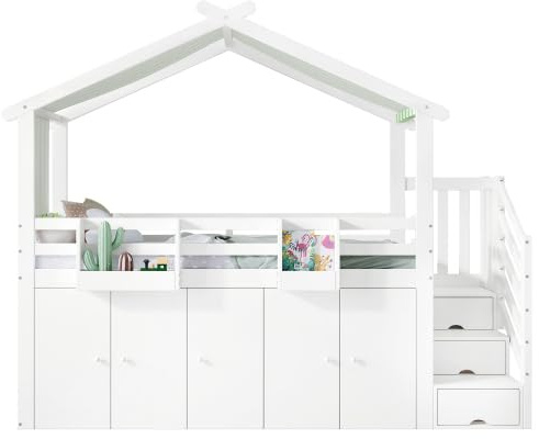 Hochbett Kinderbett 90×200cm mit 1 Kleiderschrank und 2 Schließfächer, Holzbett Einzelbett Funktionsbett mit Stauraum Treppe, Lattenrost und Rausfallschutz für Kinder oder Jugendliche, Weiß+Grün