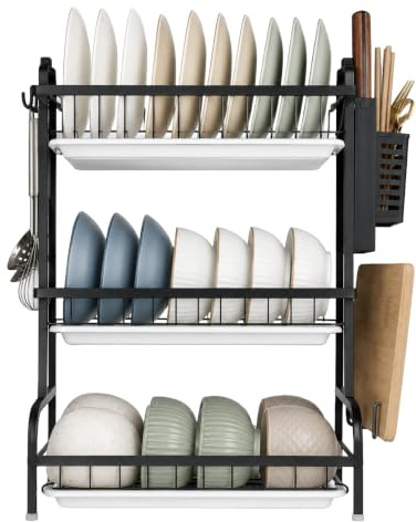 Black 3 Tier Dish Drainer Rack, Sink Drying Rack with Cutlery Drainer | Draining Board with Removable Drip Tray and Cutlery Holder for Drying Plates, Bowls, Cups and Utensils on Kitchen Counters
