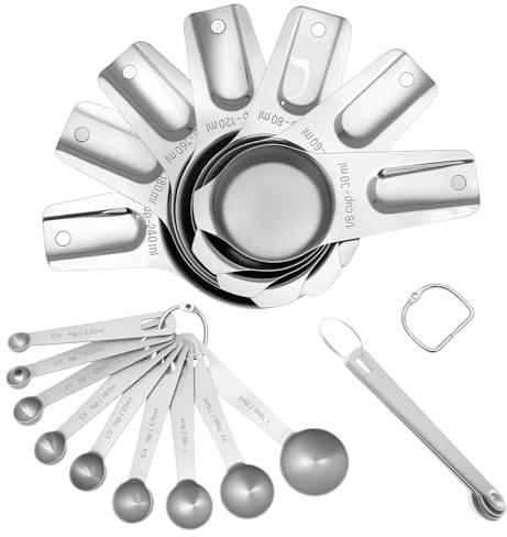Juego de cucharas medidoras de acero inoxidable de 21 piezas con indicación de gramos, juego de cucharas dosificadoras, 7 vasos medidores, 5 cucharas medidoras, 9 cucharas, 2 anillos extraíbles, para