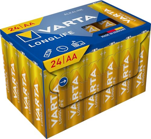 VARTA Pile AA, confezione da 24, Longlife, Alcaline, 1,5V, ideale per telecomandi, sveglie, radio, orologi da parete, imballaggio riciclato al 90%, Made in Germany