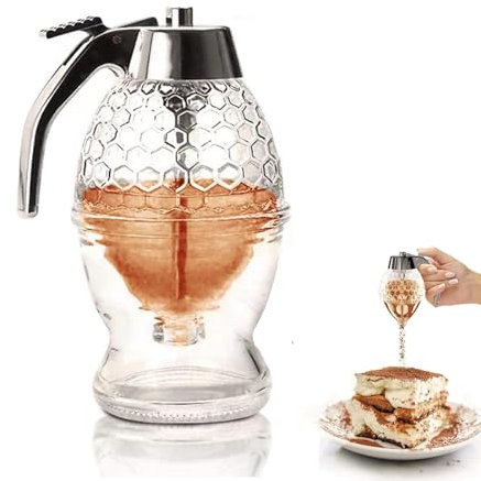 Edamon Glass Honey Dispenser, No Drip Honey Jar with Stand and Stainless Steel Lid, 8 oz Mess Free Honey Container for Tea, Pancakes, Baking, Maple Syrup