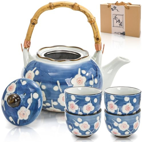 Nagpew Juego de té japonés, tetera floral de cerámica y 4 tazas con infusor de mango de bambú, kit de tetera tradicional de porcelana china, regalo para café, agua, hogar, oficina