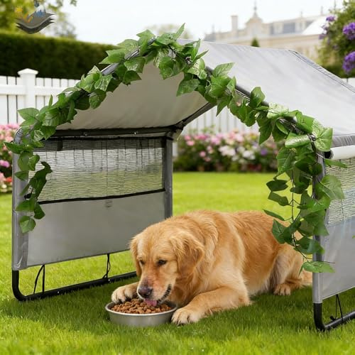 Refugio para perros extragrande con sombra y ventilación para exteriores, casa para perros al aire libre con dosel para sol y lluvia para gatos, cerdos y ganado con cubierta impermeable y hojas de
