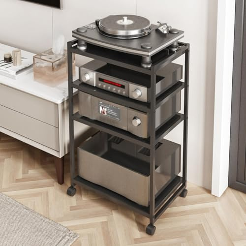 Estantes Hifi for Tocadiscos Audiovisuales de 4 Niveles, Consola MetáLica Plegable con Ruedas, Estantes ExtraíBles, Soporte for Audio EstéReo, for CD, Organizador de Componentes de Entretenimiento