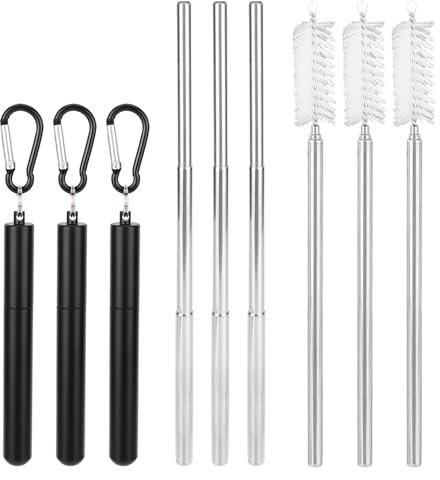 Pailles en Métal Réutilisables, Pailles à Boire en Acier Inoxydable Pliables et Réutilisables, Paille Télescopique Portable avec Brosse de Nettoyage et Étui (Noir*3Pcs)