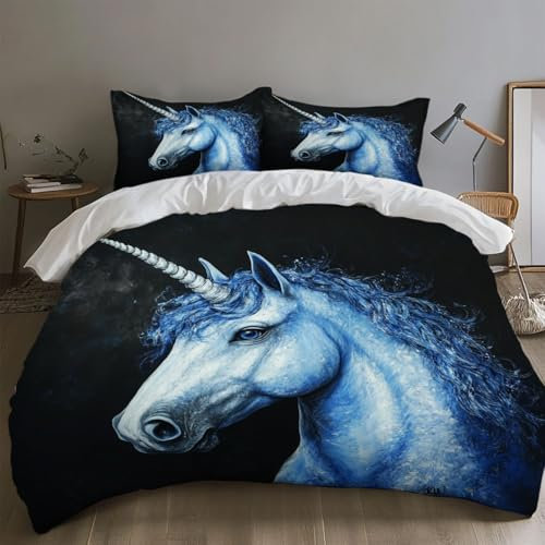SKOEUI Bettwäsche 155x220 cm 3Teilig Fantasie-Einhorn Bettwäsche-Sets Bügelfrei Microfaser Bettbezug mit Reißverschluss Allergiker Bettdeckenbezug mit 2 mal Kissenbezug 80x80 cm Blau