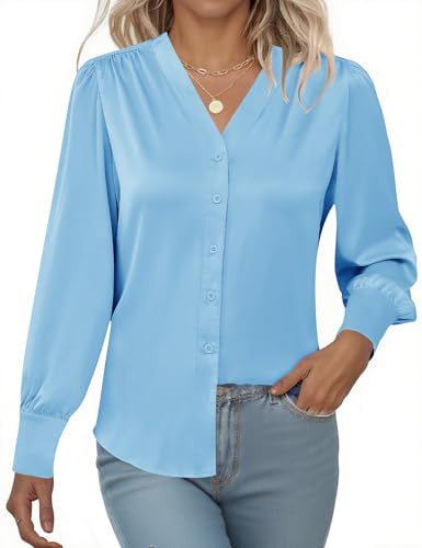 Rapbin Damen Bluse Satin Seide V-Ausschnitt Hemden Elegant Langarm Business Oberteile Lose Langarmshirt mit Knöpfen Blau