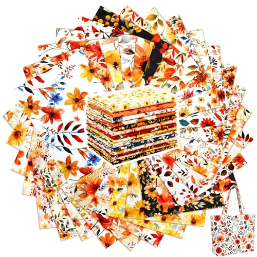 Tatuo 30 Pièces 10 x 10 Pouces Tissu en Coton Imprimé Lot de Tissu Carrés Floraux Patchwork de Couture de Matelassage en Coton à Motifs Assortis pour DIY(Fleurs d'Automne)