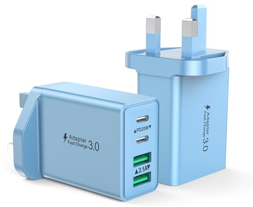 USB C Plug, 2-Pack Multi USB Plug UK Fast Charger Plug 40W 4-Port Dual USBC Power Adapter+QC Multiport Wall Plug Double Type C Charging Plug for iPhone 17 16 15 14 13 12 11 Pro Max Plus,iPad,Samsung