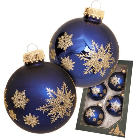 Krebs Glas Lauscha - Weihnachtsdekoration/Christbaumschmuck aus Glas - Dekor. Kugel Glanz/Satin in Blau - Motiv: Schneeflocke Gold - 4 Stück - Größe: 6,7cm