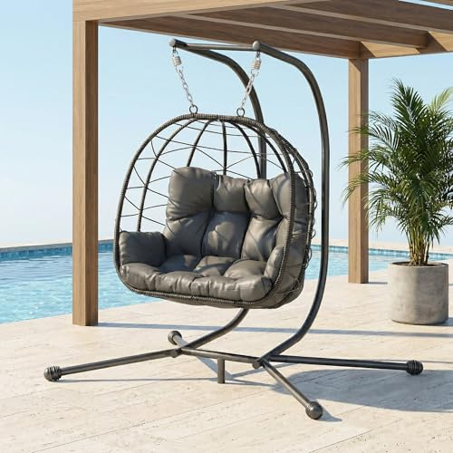Pamapic 700 LBS Double Egg Chair Outdoor, UV Resistant Cushions Hanging Egg Chair with Armrests & Headrest, Thick Steel Frame Egg Swing Chair with Stand, for Relaxing & Reading Outside/Inside(Grey)